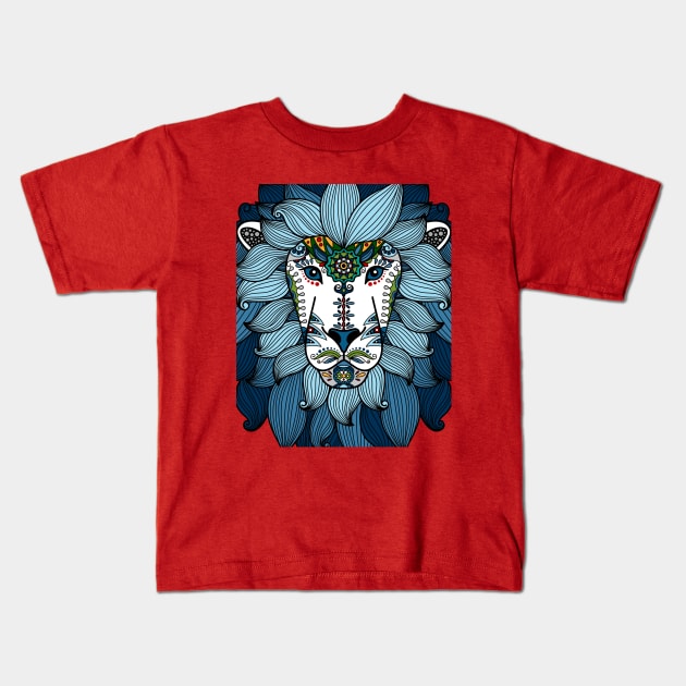 lion head blue ornament Kids T-Shirt by Mako Design 